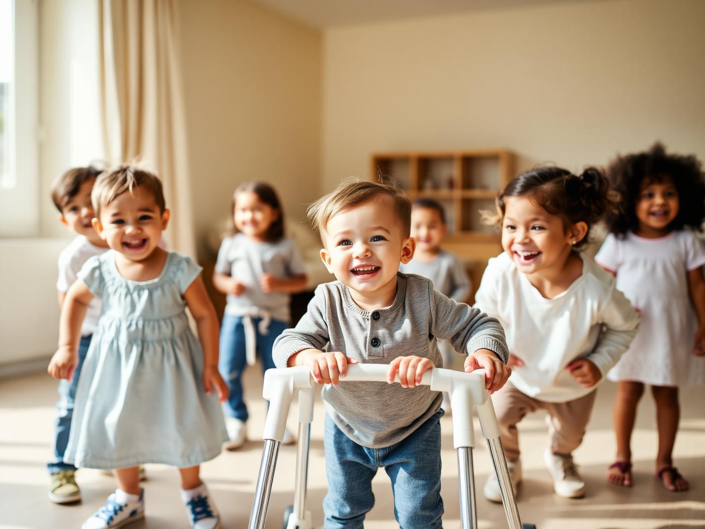 A group of young children of different abilities playing together in a bright room